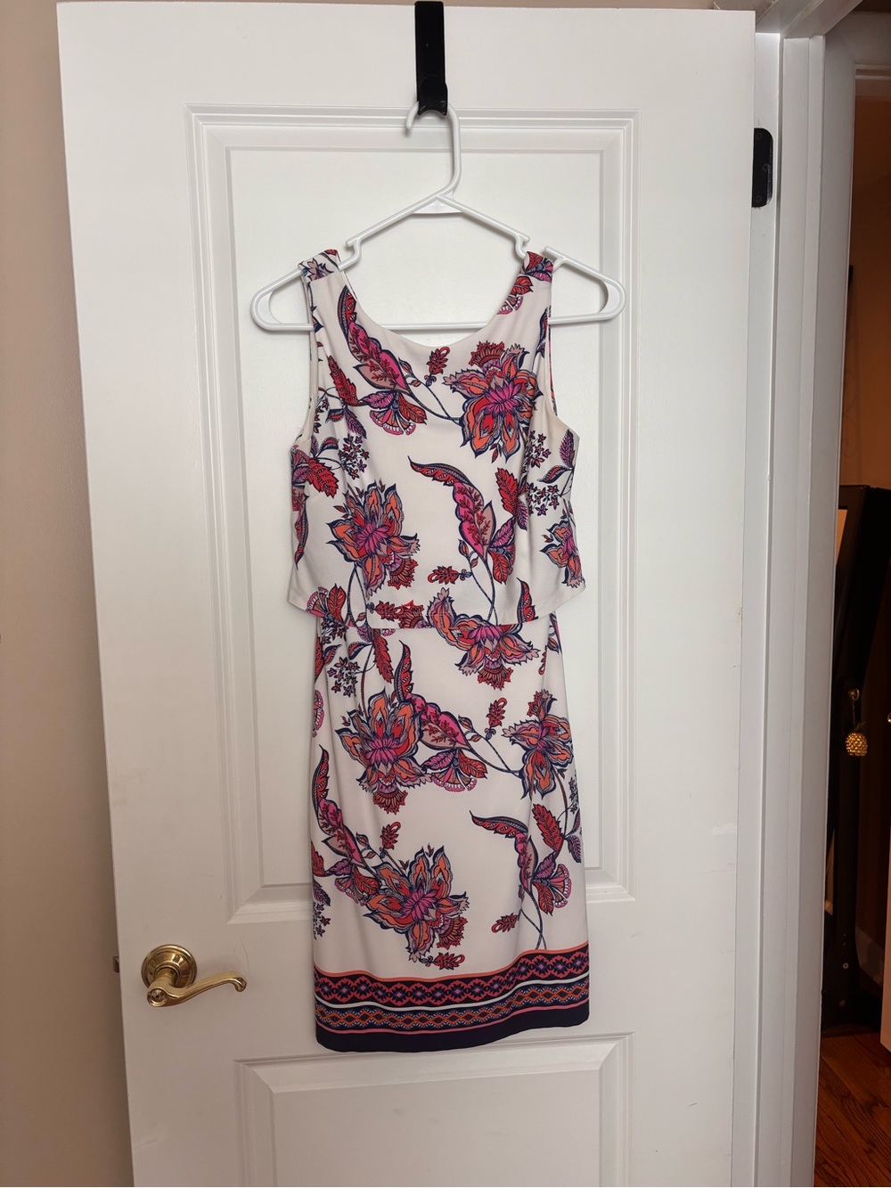 White Floral Sleeveless Bodycon Dress with Pink & Navy Accents